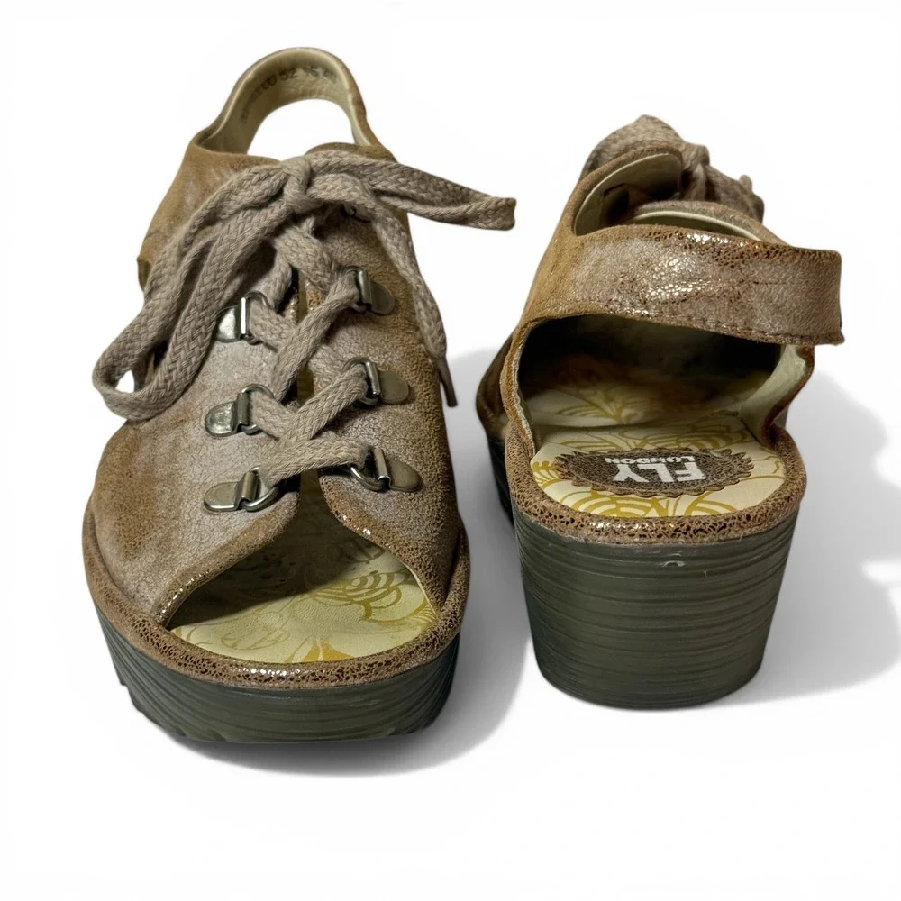FLY LONDON Ylva Metallic Distressed‎ Leather Wedge Sandals Lace Up EU 40 Size 9